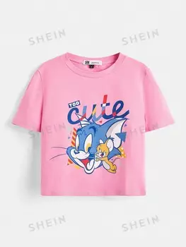 Футболка Shein с рисунком и буквами, розовый