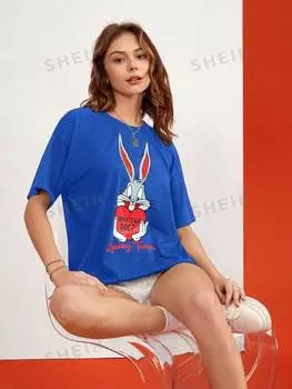 Футболка Shein с заниженными плечами и буквенным принтом, синий