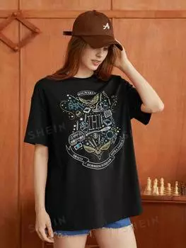 Футболка Shein с заниженными плечами и надписью, черный