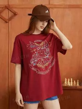 Футболка Shein с заниженными плечами и надписью, бургундия