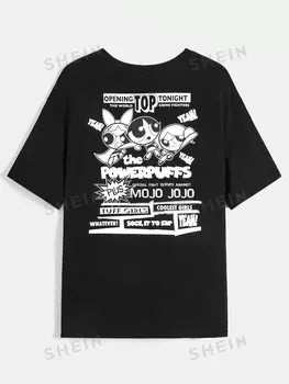 Футболка Shein с заниженными плечами Plus с буквенным и мультяшным рисунком, черный