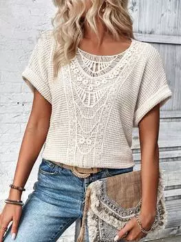 Футболка Shein Vcay с текстурой и кружевом, абрикосовый