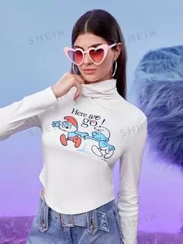 Футболка Shein X The Smurfs с высоким воротником и мультяшным рисунком, белый