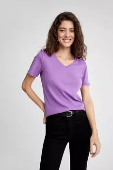 Футболка Slim Fit с V-образным вырезом и короткими рукавами DeFacto, фиолетовый