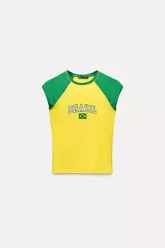 Футболка slub knit с лозунгом ZARA, желтый