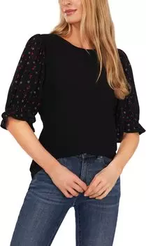 Футболка смешанного цвета с пышными рукавами CeCe, цвет Rich Black