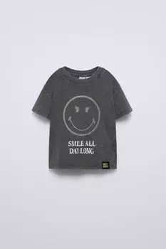 Футболка smileyworld со стразами ZARA, антрацитово-серый