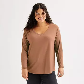 Футболка SO с длинными рукавами и v-образным вырезом для юниоров больших размеров, коричневый
