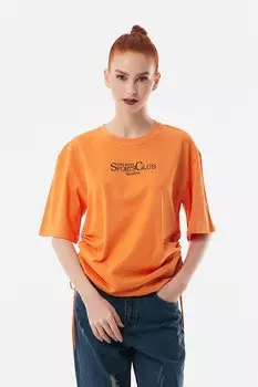 Футболка со сборками по бокам и принтом Fullamoda, апельсин