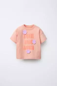 Футболка со слоганом с цветочной аппликацией ZARA, цвет Light pink