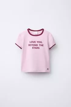 Футболка со слоганом с контрастной отделкой ZARA, розовый