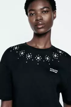 Футболка со слоганом со стразами ZARA, черный