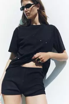 Футболка со стразами спереди ZARA, черный
