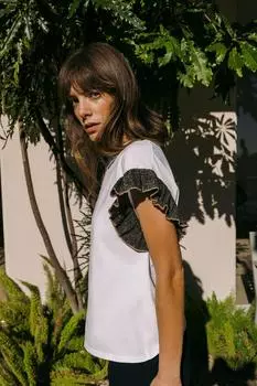 Футболка со стразами ZARA, черно-белый