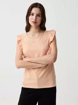 Футболка со вставкой из английской вышивки и воланами Ovs, цвет peach orange