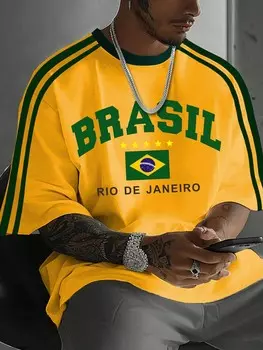 Футболка Sporsity с короткими рукавами, круглым вырезом и принтом бразильского флага. Мужские рубашки больших размеров, холодный стиль, летние рубашки с рисунком Manfinity, желтый