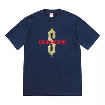 Футболка ss18 diamonds tee navy diamond printing short sleeve navy blue Supreme, синий