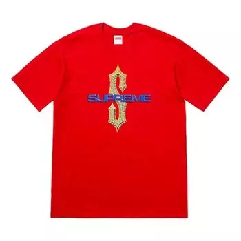 Футболка ss18 diamonds tee red diamond printing short sleeve Supreme, красный