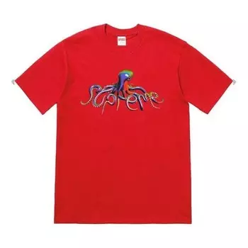 Футболка ss18 tentacles tee red printing short sleeve Supreme, красный