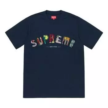 Футболка ss19 city arc tee navy embroidered logo short sleeve navy blue Supreme, синий