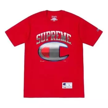 Футболка ss19 x champion chrome s/s top crossover short sleeve red Supreme, красный