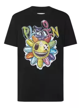 Футболка Stones Smile с цветочным декором и кристаллами Philipp Plein, черный