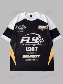 Футболка Street Life с коротким рукавом иконки гонок для мужчин, летний, для школы Romwe, черный