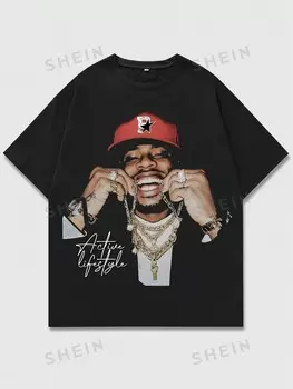 Футболка Street Life с короткими рукавами и портретным рисунком Для мужчин подойдет для повседневной носки весной и летом, в школу Romwe, черный