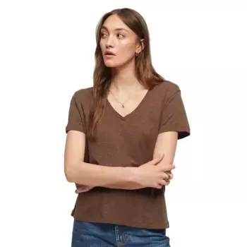 Футболка Superdry Studios Slub Embroidered short sleeve v neck, коричневый