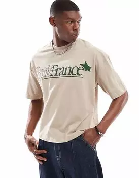 Футболка свободного кроя ASOS DESIGN бежевого цвета с принтом города спереди