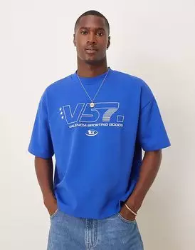Футболка свободного кроя ASOS DESIGN из плотной ткани плотностью 300 г/м синего цвета со спортивной графикой