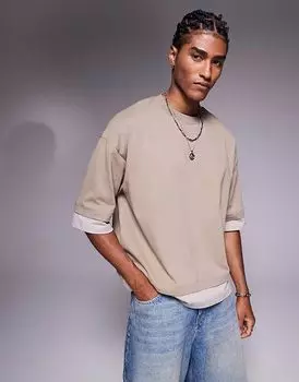 Футболка свободного кроя ASOS DESIGN из плотной ткани с контрастным узором бежевого цвета