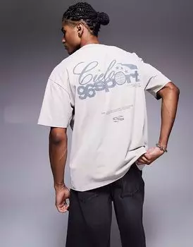 Футболка свободного кроя ASOS DESIGN из плотной ткани плотностью 220 г/м бежевого цвета с принтом в виде спортивной надписи