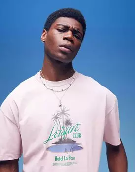 Футболка свободного кроя ASOS DESIGN из плотной ткани плотностью 220 г/м с принтом пальмы на груди в выцветшем розовом цвете