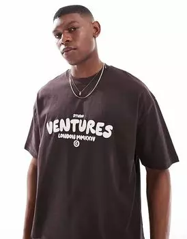 Футболка свободного кроя ASOS DESIGN oversize с текстовой графикой коричневого цвета