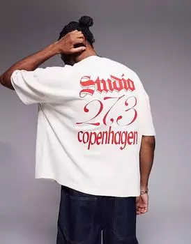 Футболка свободного кроя ASOS DESIGN oversize со спущенным плечом и текстовым принтом бежевого вафельного цвета