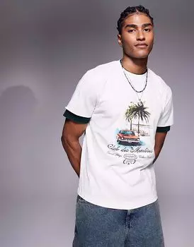 Футболка свободного кроя ASOS DESIGN с двухслойными рукавами и принтом автомобиля в кремовом цвете