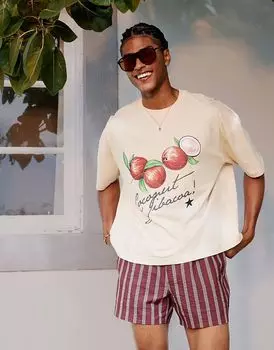 Футболка свободного кроя ASOS DESIGN с летней графикой бежевого цвета