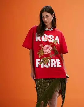 Футболка свободного кроя ASOS DESIGN с принтом Rosa fiore красного цвета