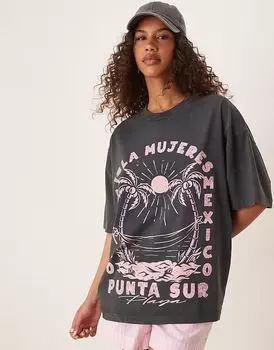 Футболка свободного кроя ASOS DESIGN с принтом пальмы в мексиканском стиле в стираном угольном цвете