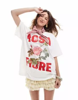 Футболка свободного кроя ASOS DESIGN с принтом Rosa fiore кремового цвета