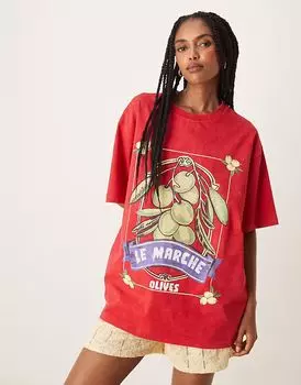 Футболка свободного кроя ASOS DESIGN с принтом оливкового цвета в выцветшем красном цвете