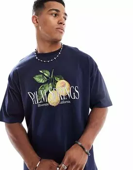 Футболка свободного кроя ASOS DESIGN с принтом Палм-Спрингс темно-синего цвета