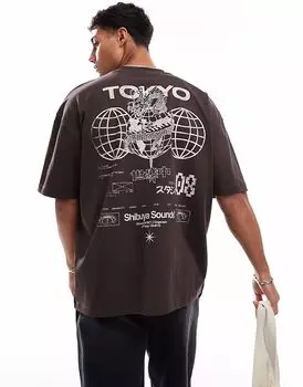 Футболка свободного кроя ASOS DESIGN с уличной графикой коричневого цвета