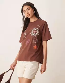 Футболка свободного кроя ASOS DESIGN с вышитым изображением солнца коричневого цвета