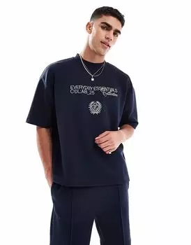 Футболка свободного кроя ASOS DESIGN с вышитым текстом из плотной темно-синей ткани плотностью 300 г/м