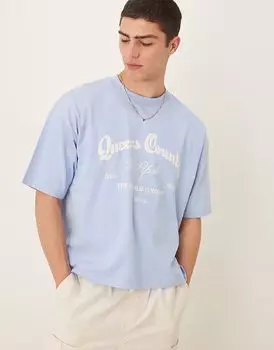 Футболка свободного кроя ASOS DESIGN с вышивкой города светло-голубого цвета