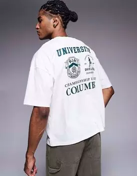 Футболка свободного кроя ASOS DESIGN с заниженной линией плеч и университетской графикой белого цвета