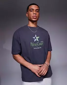 Футболка свободного кроя ASOS DESIGN со спортивной графикой в угольном цвете