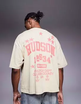 Футболка свободного кроя ASOS DESIGN свободного кроя со спортивной графикой бежевого цвета